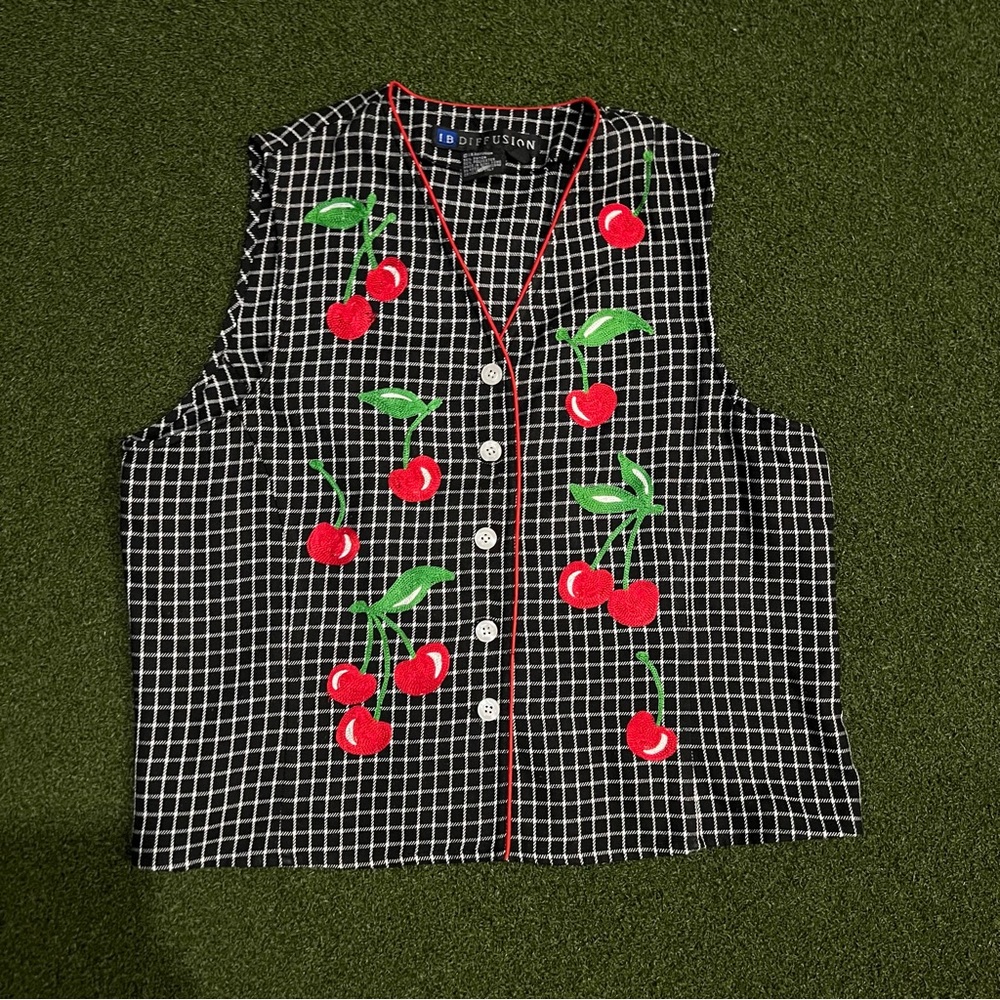 Cherry Embroidered Black Checkered Vintage Vest